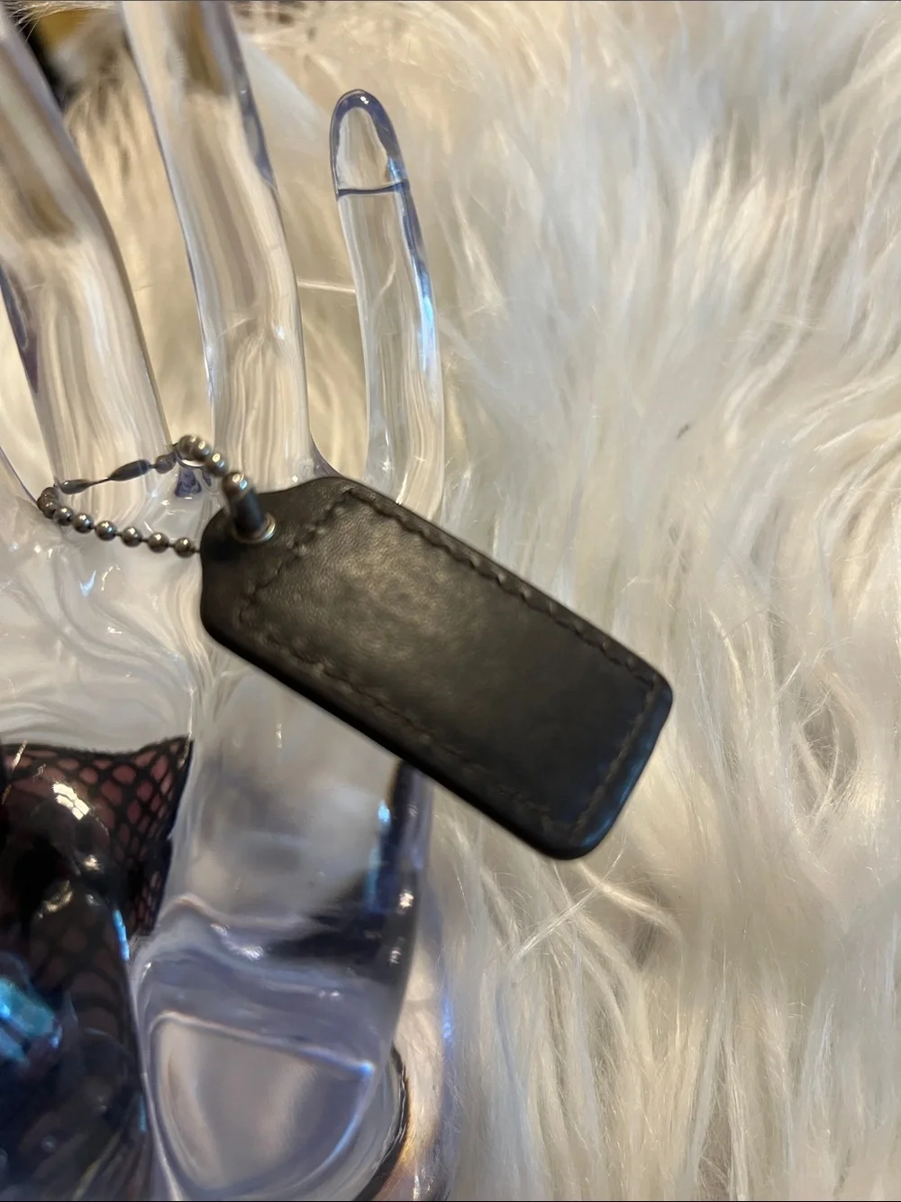 Coach chocolate Leather Embossed Logo Key Tag with Ball Chain